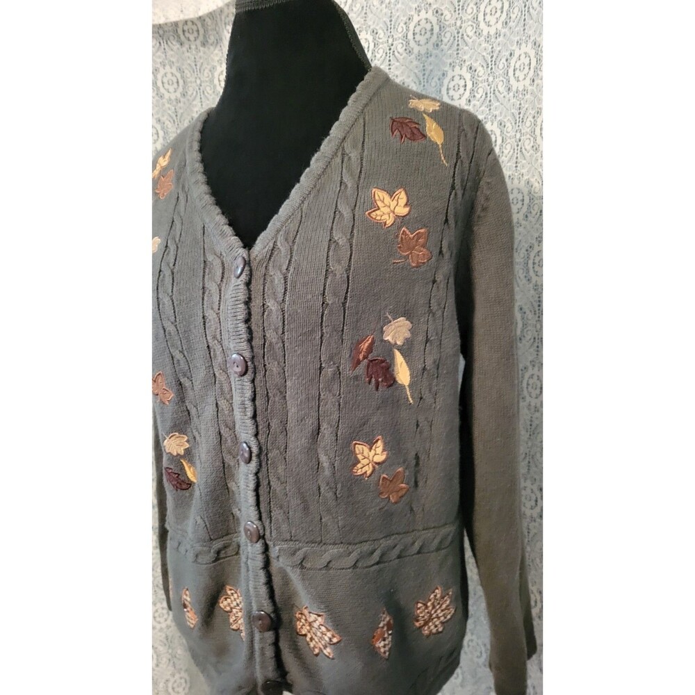 Crystal Kobe PM Petite Medium Ramie Cotton Embroidered Fall Leaf Cardigan